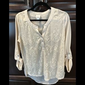 Cream Lace Front 3/4 Sleeve Top. Sz. L. EUC.